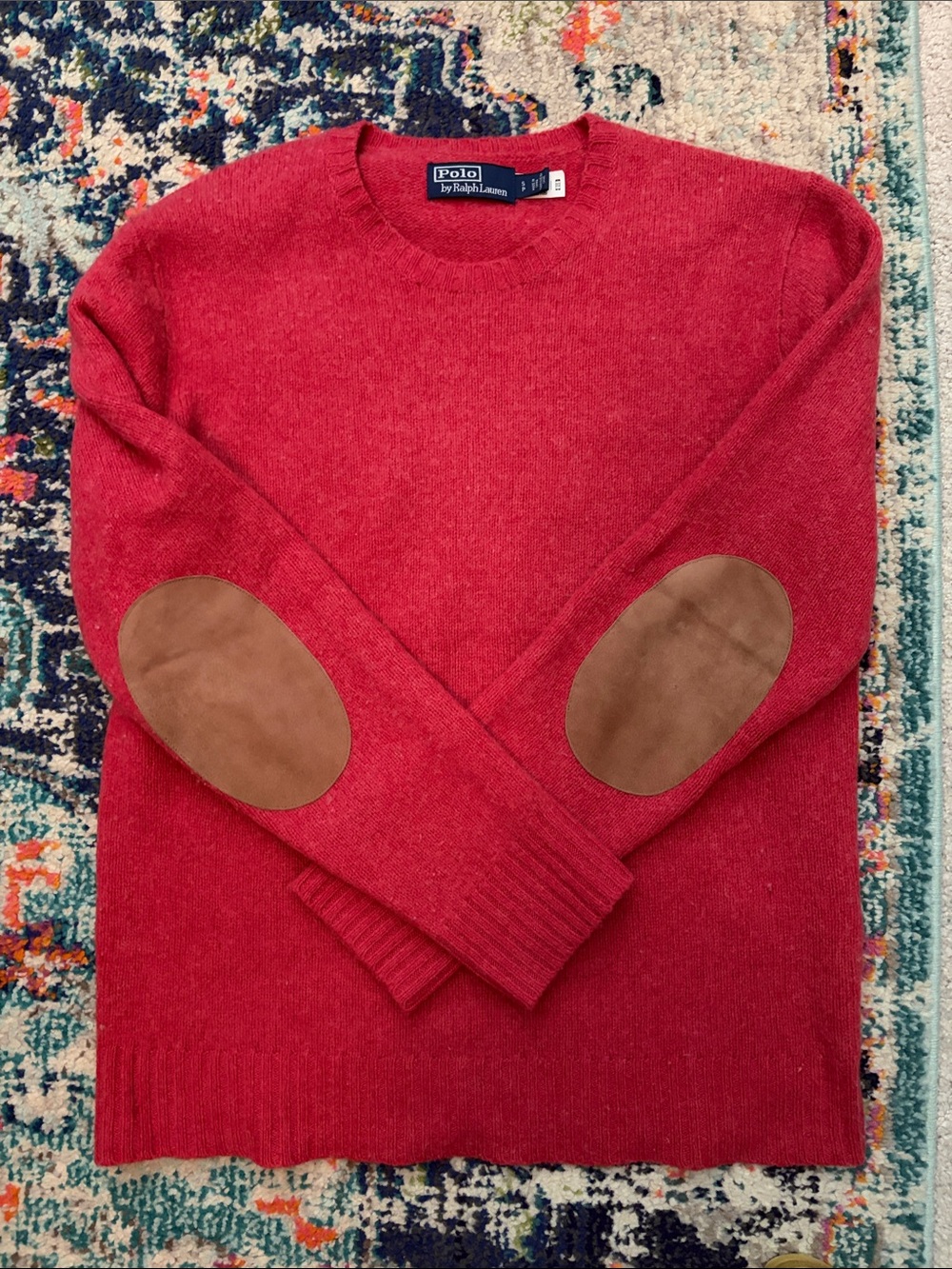 Polo by Ralph Lauren Red Crewneck Sweater with Brown Elbow Patches